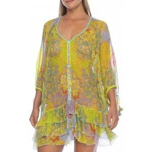 POUPETTE ST BARTH Silk Chiffon Nava Poncho Dress OS Lime Peony Sheer ResortWear